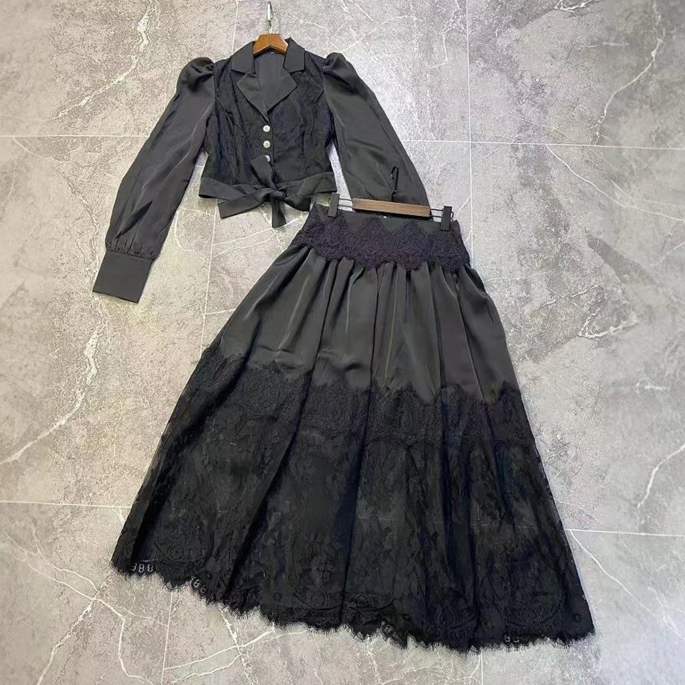 Setelan Rok Midi Pinggang Tinggi Berbahan Lace Larut Air Ele, Dua Potong, Gaya Bisnis Kasual Wanita, Mode Musim Gugur 2024