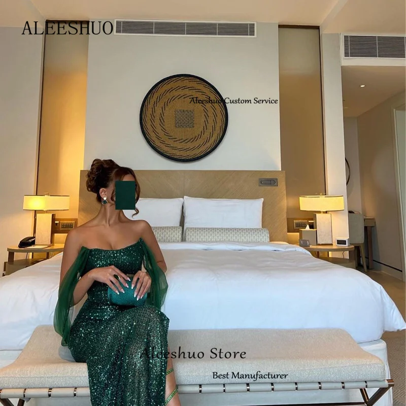 Aleeshuo-vestido de noche elegante para mujer, traje Sexy de sirena árabe saudita, con lentejuelas verdes, sin tirantes, para fiesta y ocasiones formales