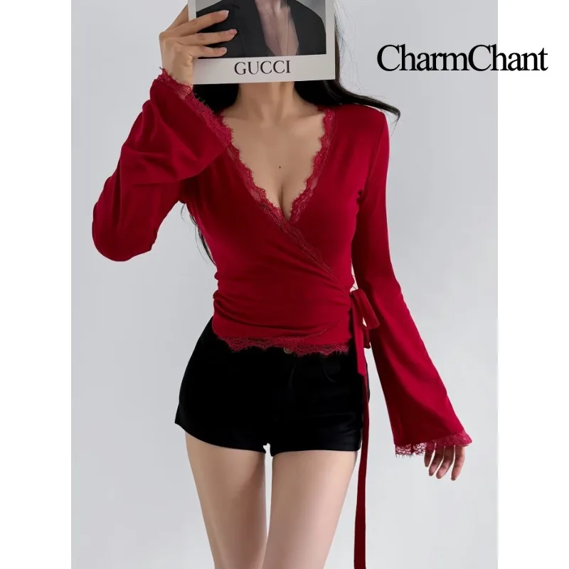 CHARMCHANT Women's Lace Trim Deep V Neck Crop Top Flare Long Sleeve Side Tie Bow Slim Fit Y2K Night Out Blouse Autumn 2026