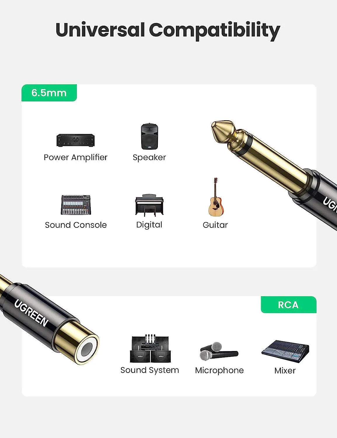 UGREEN RCA - 1/4インチアダプター、6.35mm - RCAジャックステレオオーディオ、1/4インチオス - RCAメスTSジャックプラグ