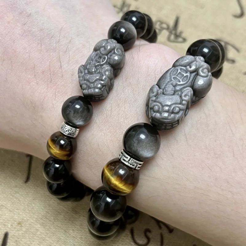 Natural Silver Obsidian Pixiu Bracelet: Round Gemstone Gift Wealth/ Attract Money, Good Luck/ Protection Bracelet