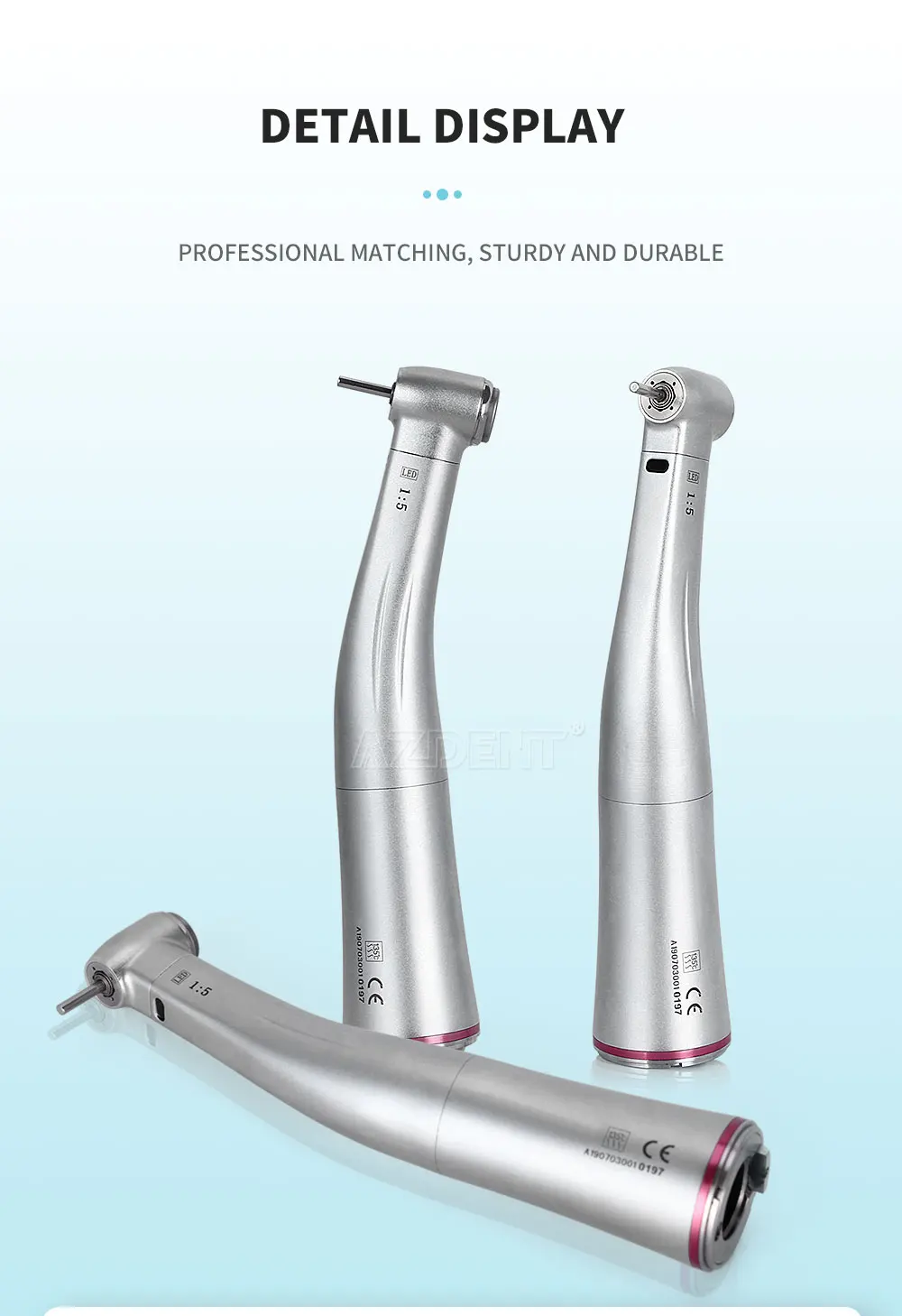 AZDENT Dental 1:5 Winkelstück mit Faseroptik-LED, Niedriggeschwindigkeits-Handstück, Druckknopf, interne 4 Sprays, Zahnarztinstrument – Detail 7