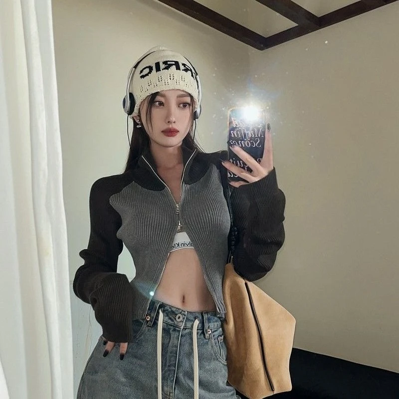 

With Zipper Women's Cardigans Polo Korean Fashion Casual Crochet Top Harajuku Attractive Long Sleeve Slim Ladies Knit Sweaters