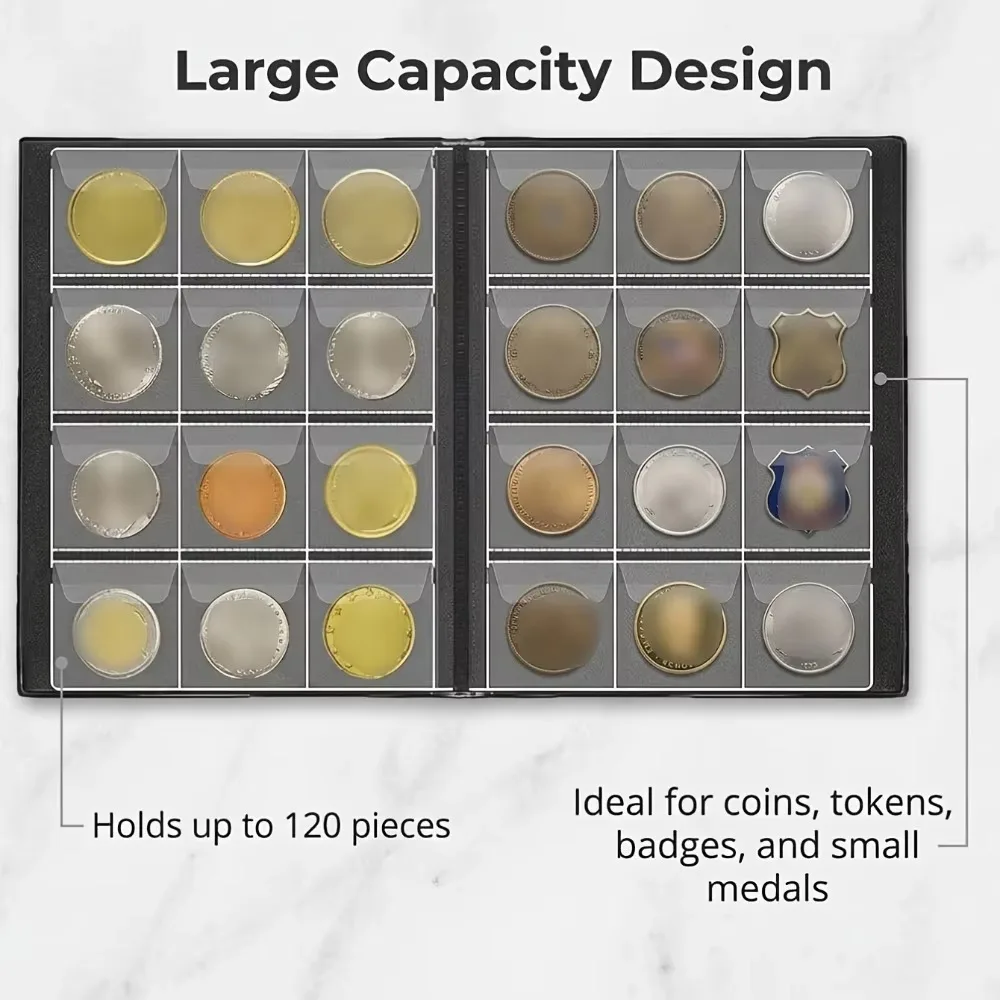 60/120 Pocket Coin Album, PVC Coin Holder Book, Coin Collection Storage Organizer for Collectors, Coins Badges Stamps Display
