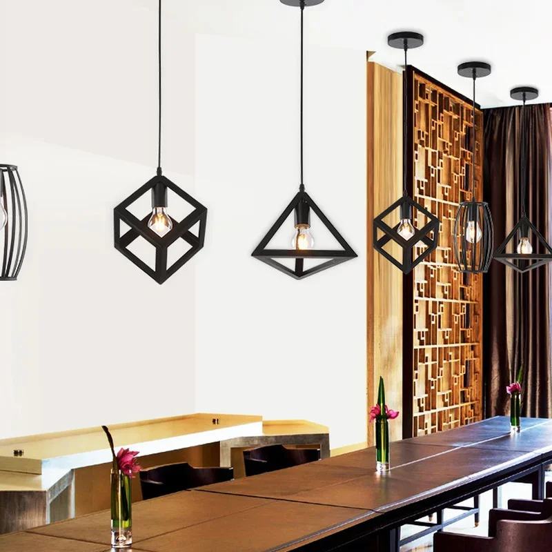 Retro Industrial Black Pendant Lamp Geometric Modeling Iron Lampshade Restaurant Hanging Lamp Creative Corridor Light Fixture