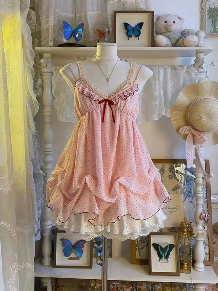 Set 2 Potong Lucu Manis Kawaii Jepang Atasan Renda Pendek Wanita + Gaun Polka Dot Setelan Retro Berbulu Merah Muda Chic Baru Musim Panas 2025