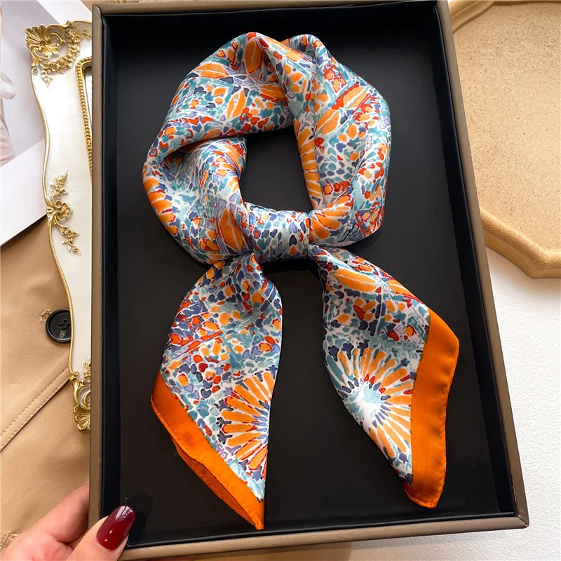 Summer Fashion 70x70cm Silk Square Plaid Scarf Women Retro Satin Neck Hair Tie Band Soft Neckerchife Hijab Head Foulard Bandana