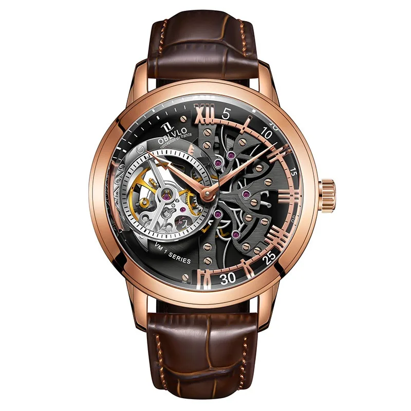 Men Automatic Hollow Mechanical Watch 316 Stainless Steel Case Perspective Window 5ATM Waterproof 42mm Vintage Large Dial