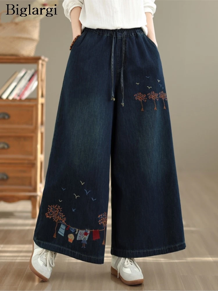 

Женские джинсы оверсайз с цветочной вышивкой, модные ретро-брюки свободного кроя, широкие повседневные женские джинсы-палаццо