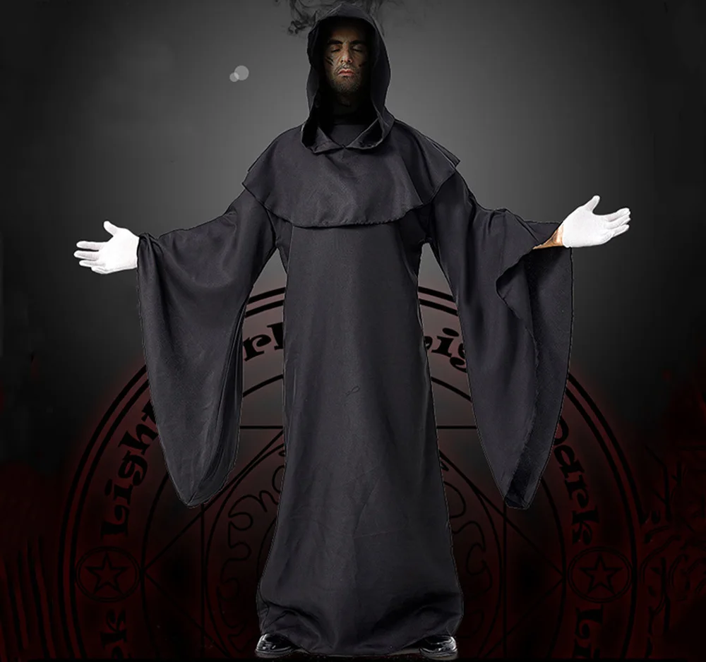 Dark Evil Wizard Halloween Cosplay Hooded Black Robe for Men Devil Follower Medieval Christian Friar Priest Cloak Stage Costume