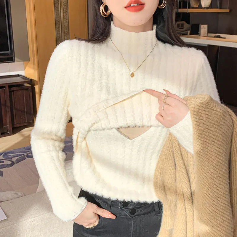 Autumn and Winter Velvet Thickened Maternity Nursing Sweater Warm Half Turtleneck Nursing Base Layer for Postpartum Shirts