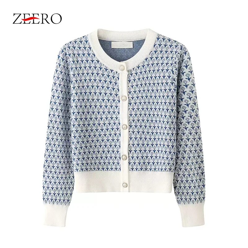 Autumn Spring Women Vintage Flower Jacquard Knitted Cropped Cardigans Female Pearls Buttons O Neck Sweater Jackets Y2k Tops