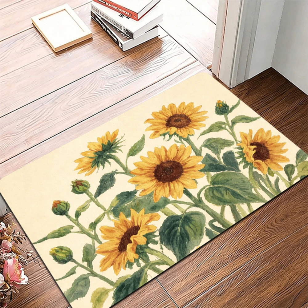 Welcome Print Indoor Mat Lemon Sunflower Bee Bird Pattern Indoor Entry Hallway Kitchen Laundry Room Family Home Decor Floor Mat