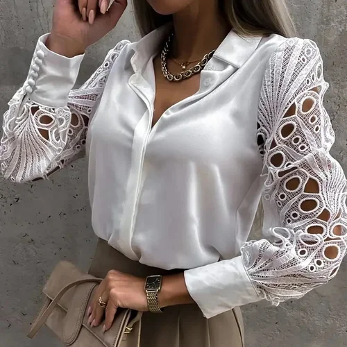 Imagen 1 del producto Blusa blanca Sexy de encaje ahuecada para mujer, Top negro de otoño y primavera, camisas Vintage con botones, Tops de manga larga