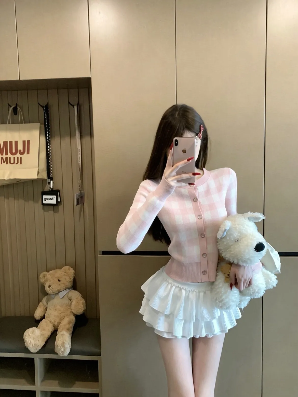 

Slimming Knitted Sweater Coat round Ne Plaid Patterned Set ort Skirt Outerwear for Women Spring Casual Universal Fit