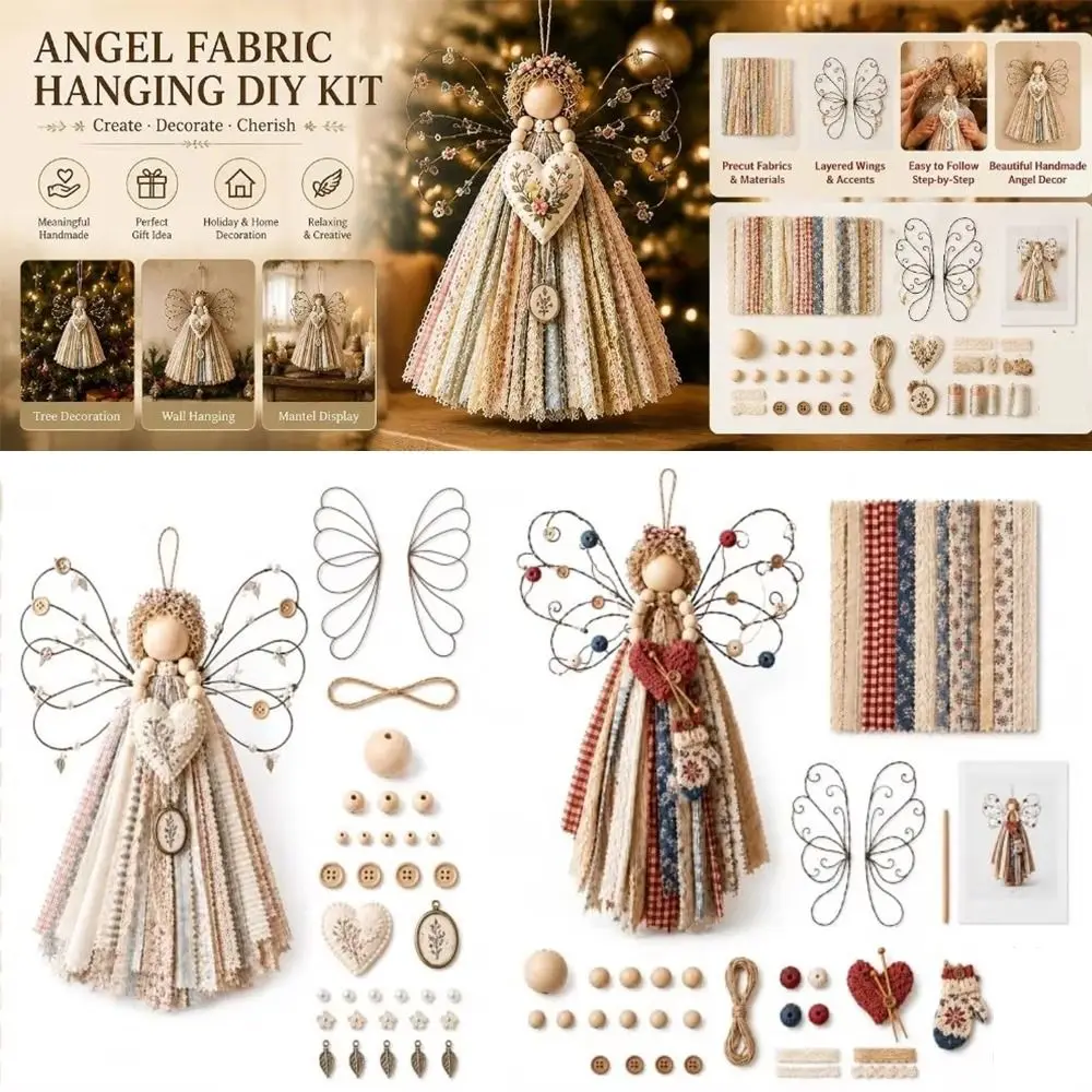 Layered Wings Angel Fabric Hanging DIY Craft Kit Buttons Precut Fabrics Angel Material Kit with Guidance DIY