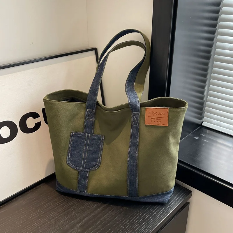 Bolso de hombro de gran capacidad para mujer, bolsa de almacenamiento de lona, estilo Preppy, ocio, Compras, Viajes, calle, moda, combina con todo