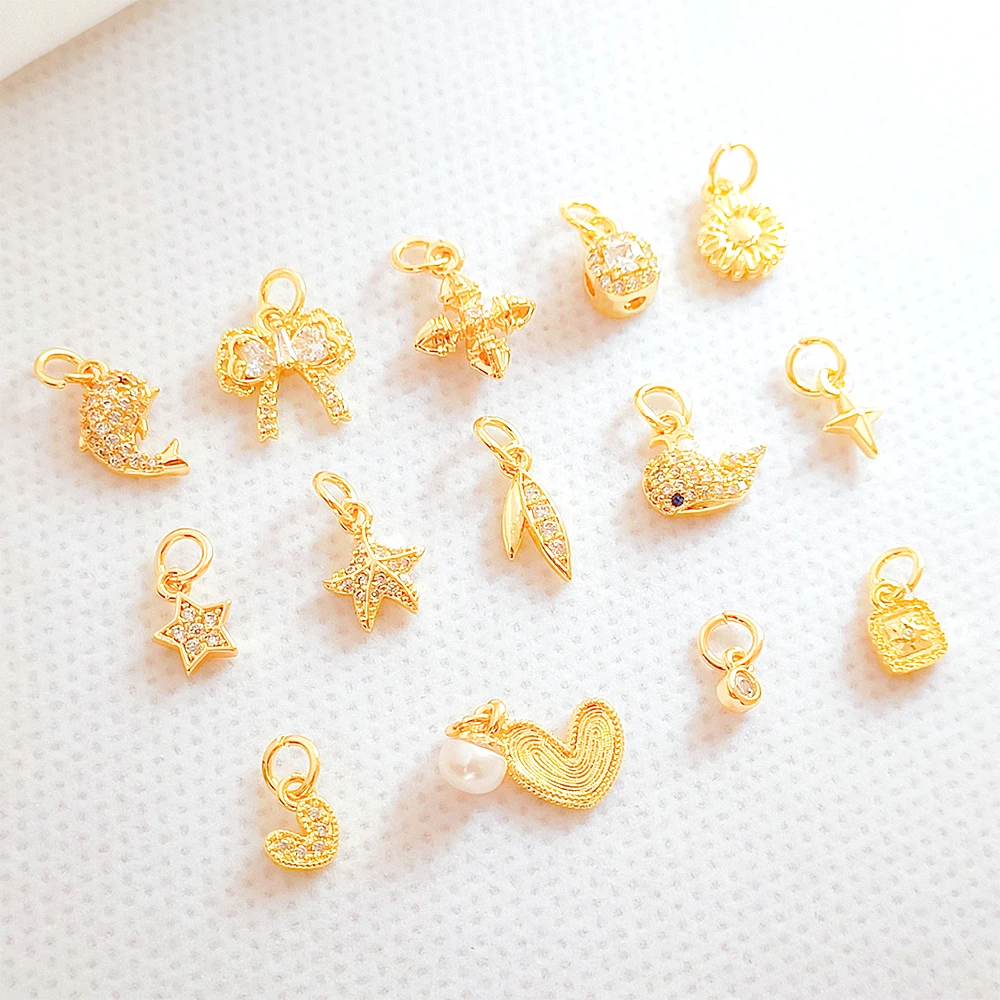 Brass Plated with Real Gold Zircon Inlay Love Pentagram Bow Whale Pendant DIY Jewelry Making Necklace Bracelet Accessory
