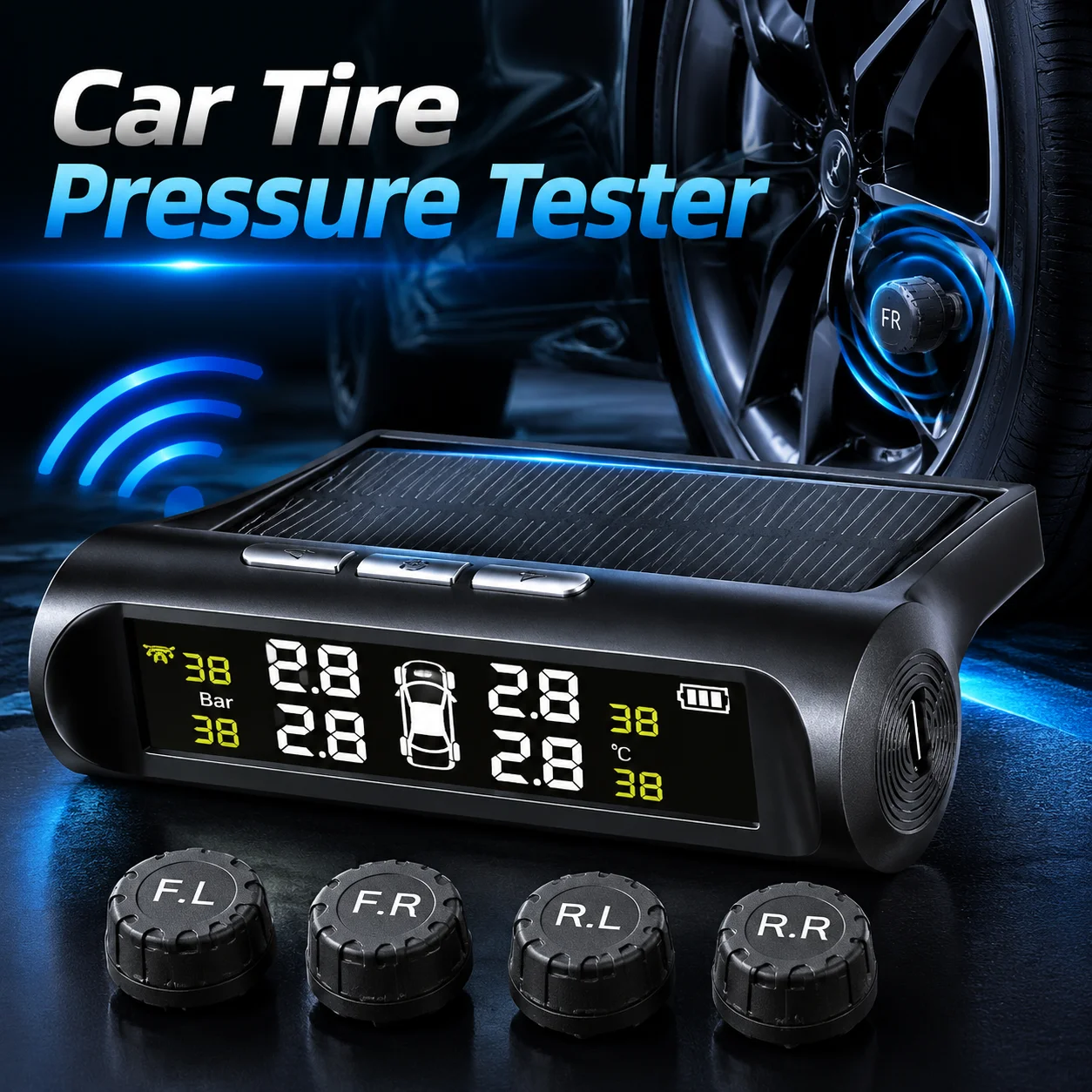 Solar Car Tire Pressure Monitoring System Wireless TPMS Auto Tyre Pressure Alarm with 4 External Sensors Display