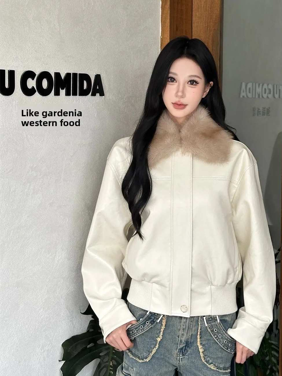 

Casual Sle Detachable Fur Collar ort Wax Leather Jaet Women's Faion Outerwear Daily Wear Zipper Closure Color