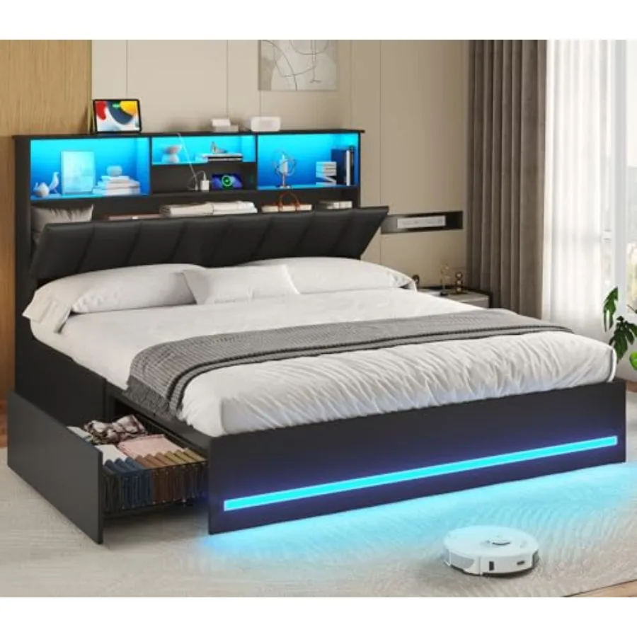 

Queen Bed Frame with Bookcase Headboard Wooden Bed Frame Queen Size with Charging Station 4 Storage Drawers and LED Lights with