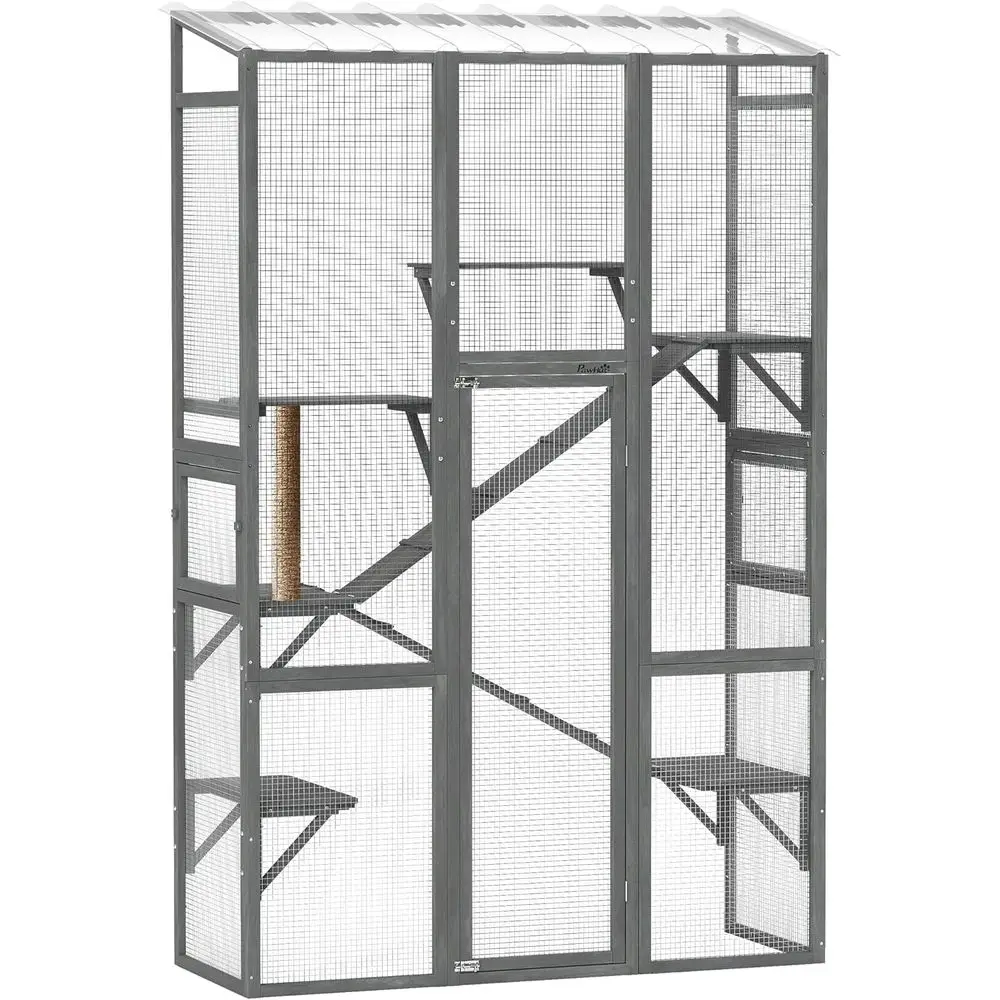 

Outdoor Catio Cat Enclosure, Large Wooden Cat House with 6 Jumping Platforms, Scratching Post, 2 Ramps, Waterproof Roof, Cat Cag