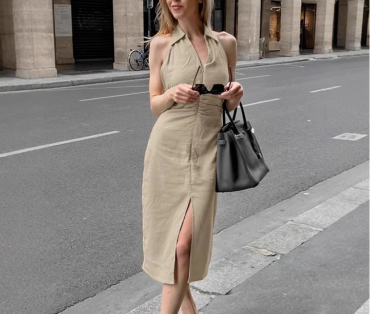 

2025 French Style Halter Linen Dress Women Cross Border Khaki Backless Straight Tube Bodycon Skirt