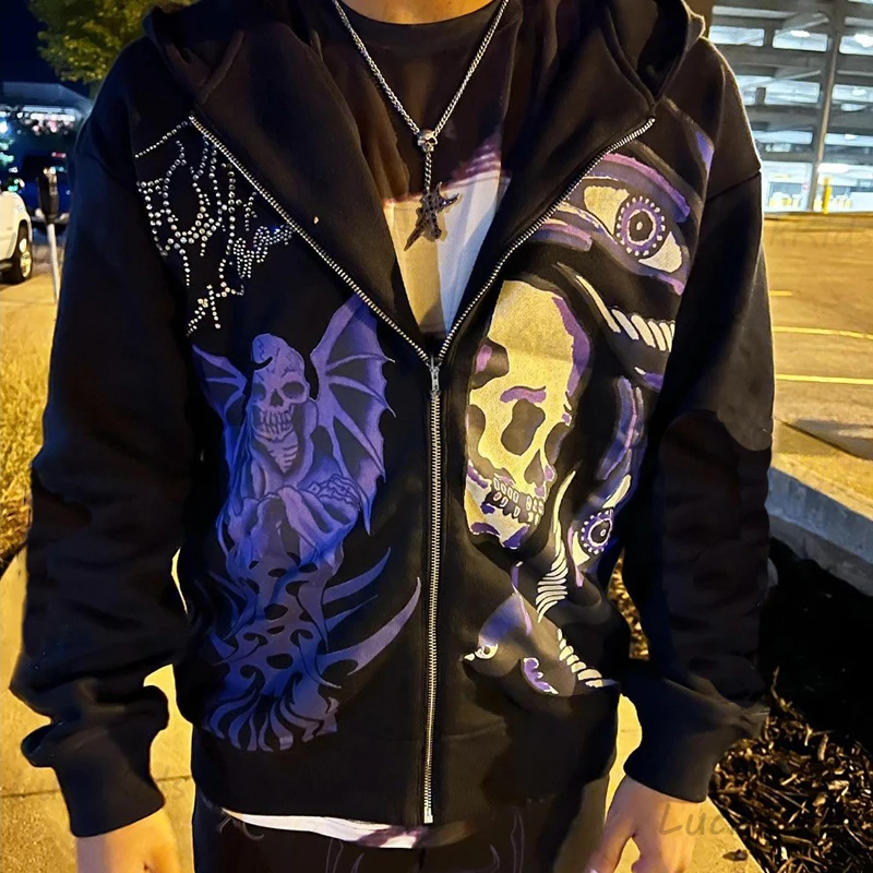 

Men's Rhinestone Skull Purple Print Streetwear Oversized Hoodie Men's Jacket Jacket Goth Harajuku Y2k Clothes Grunge Zip Hoodie