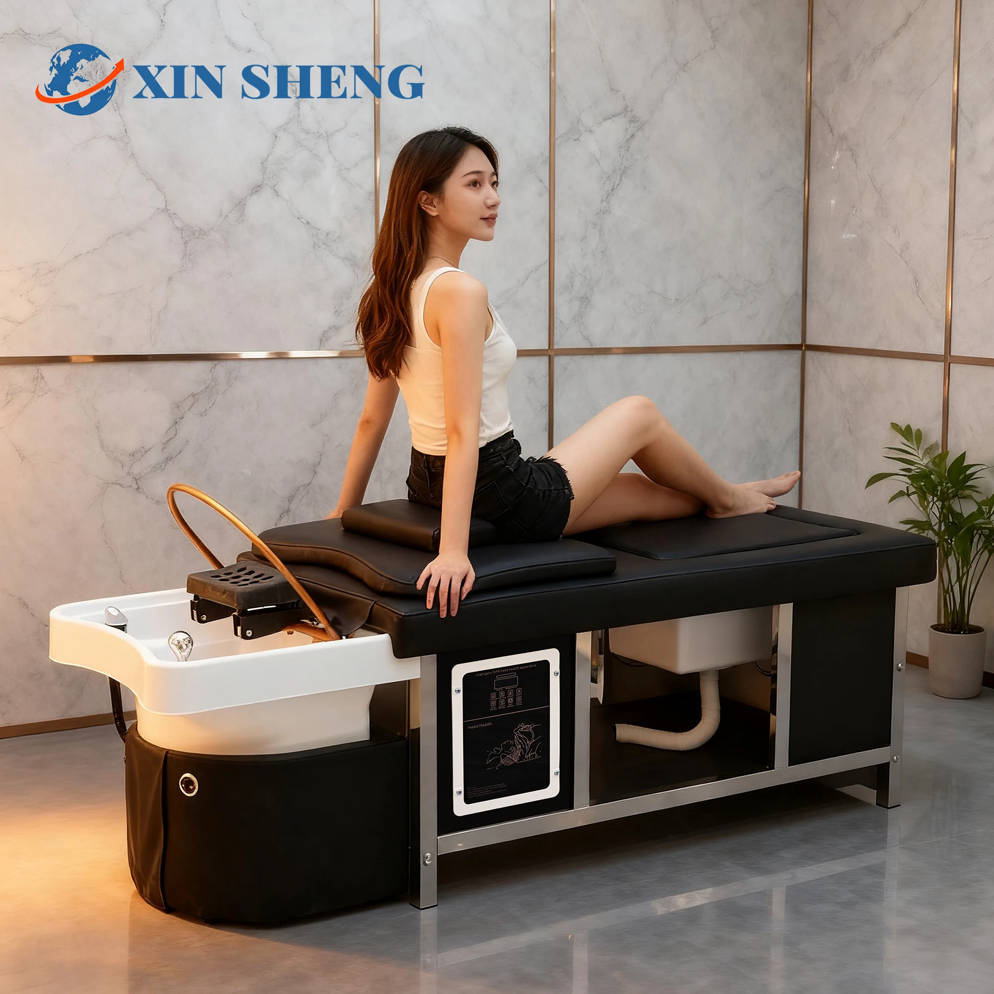 

Head SPA Hair Salon Shampoo Bed with Foot Bath Tub , Thai Massage Beds, with Head Fumigation Machine, Salon Furniture Wholesale