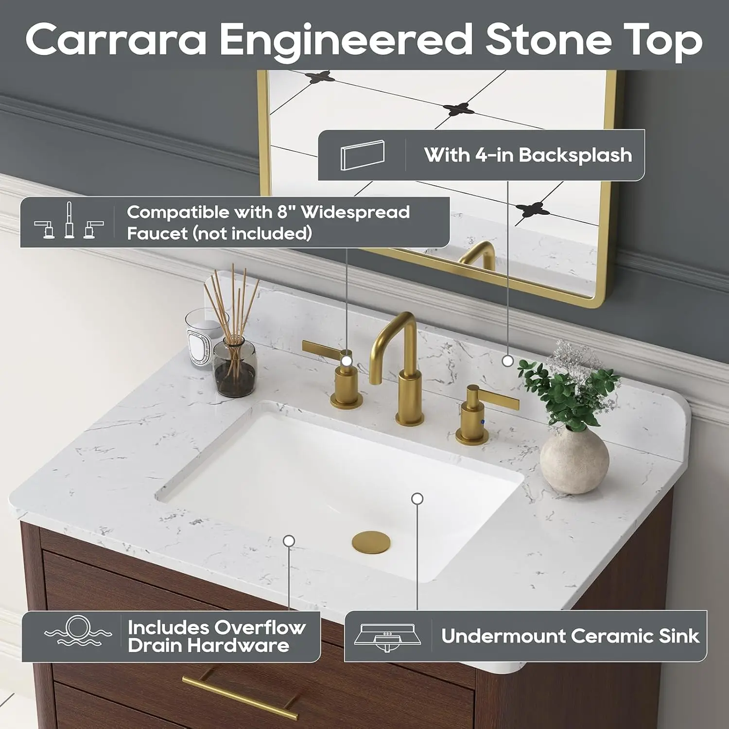 

30in Solid Wood Bathroom Vanity with Marble Top Sink Combo Soft-Close Doors Drawers Fully Assembled Greige Customized