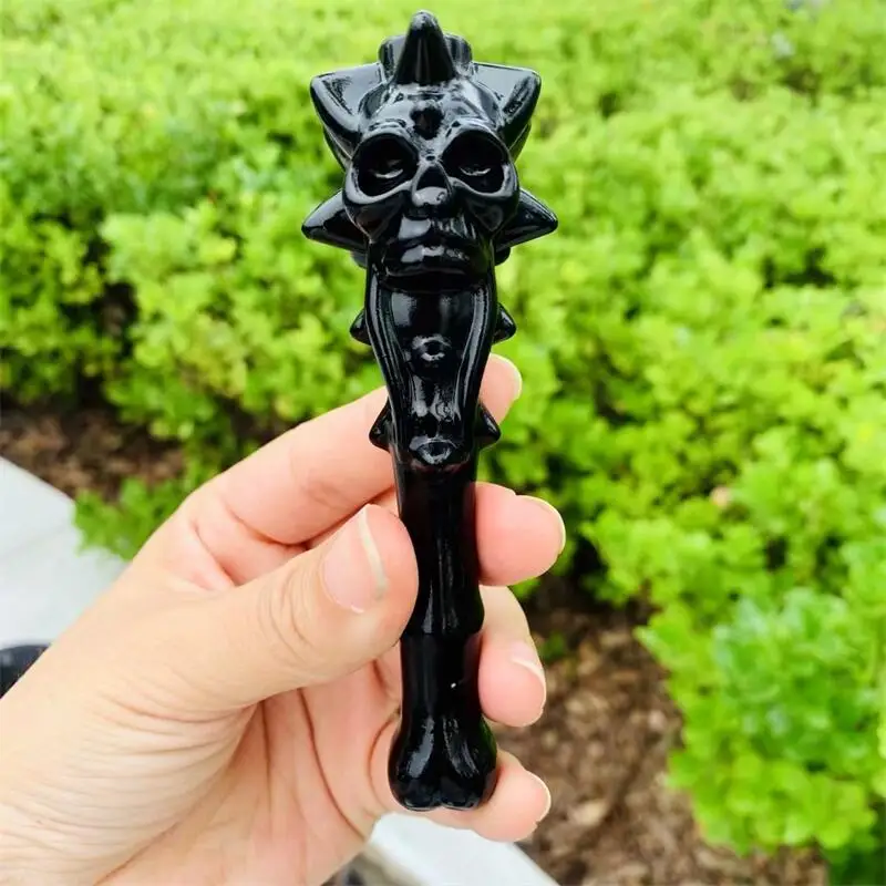 12CM Natural Black Obsidian Fang Mace Skull Wand Healing Carvings Reiki Sceptre Magician Wand For Home Decoration 1pcs