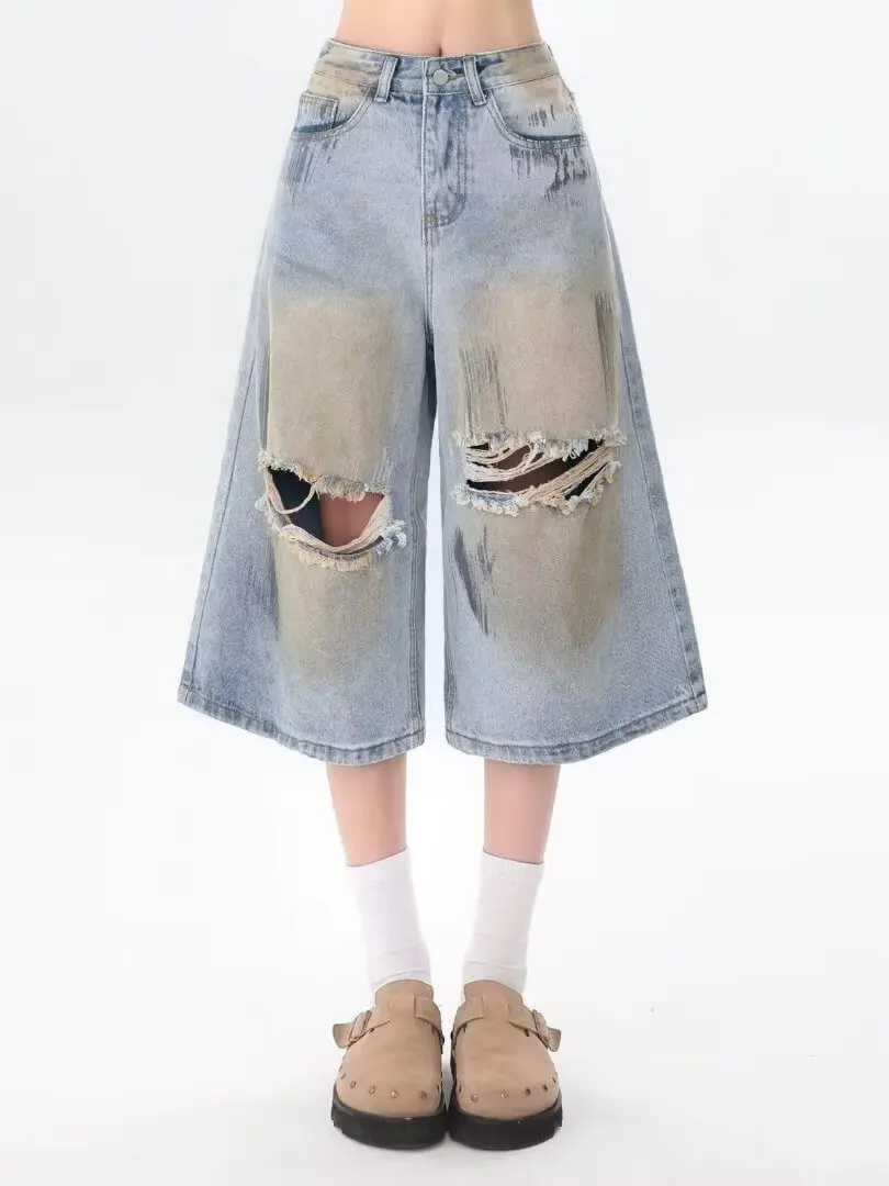 Retro American Design Large Size Denim Shorts Women's Summer Worn-Look Loose Wide Leg Seven-Foot Pants Torn Hole Details