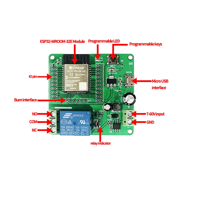 10pcs DC7-60V ESP32-WROOM Development Board ESP32 1Channel Relay Module Micro USB 5V 4M Byte Flash