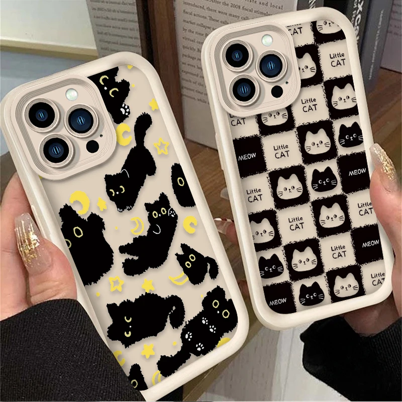 Lovely Cartoon Black Cat Case For iPhone 16 15 14 13 12 11 Pro Max X XS X S Max XR SE 2020 7 8 Plus Shockproof Silicone Cover