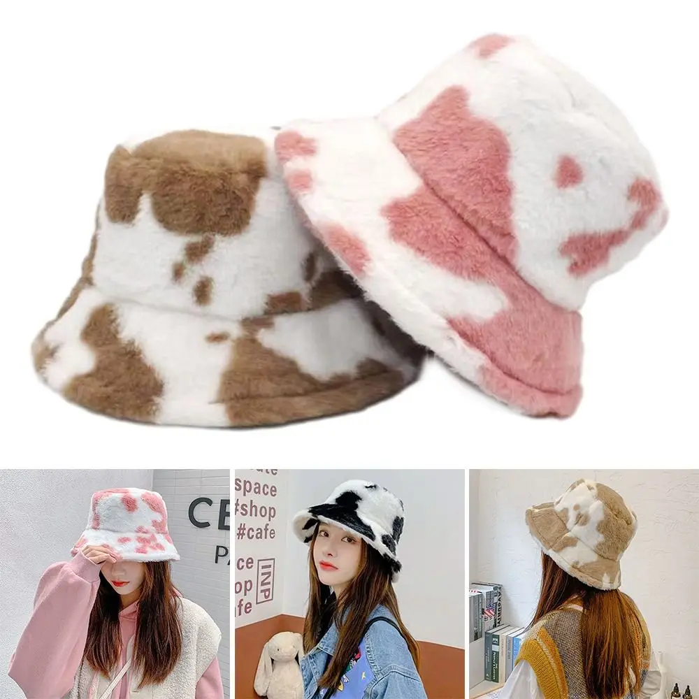 Cow Stripe Bucket Hat Outdoor Warm Soft Sun Cap Plush Winter Panama Hat Men Women