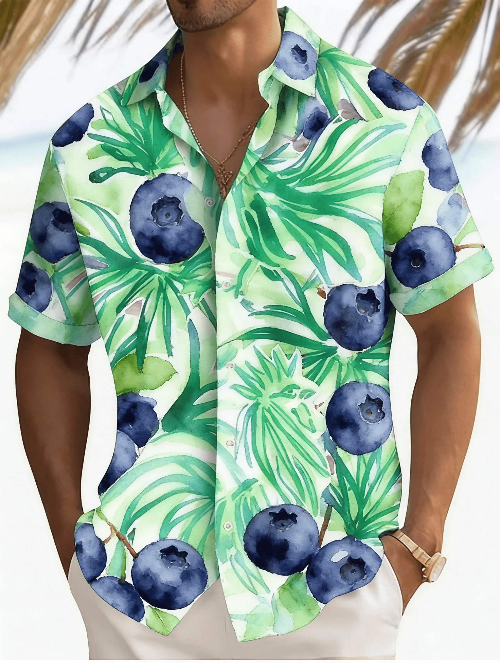 

Men's Watercolor Fruit Print Short Sleeve Shirt, Spring Summer Fresh Fruit Themed Vacation Blouse, Loose Casual Top