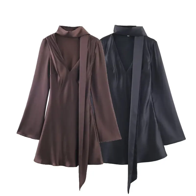 브이넥 실크 새틴 텍스처 드레스 여성 긴 소매 패셔너블 스트리트웨어 가을 솔리드 우아한 여성 의류 드레스 스카프 매치