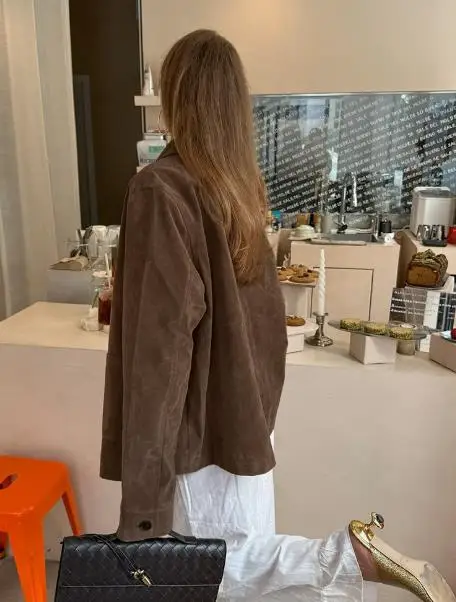 سترة نسائية بأكمام طويلة، ياقة من جلد الغزال العتيق، خفيفة الوزن، فاخرة، الخريف والشتاء