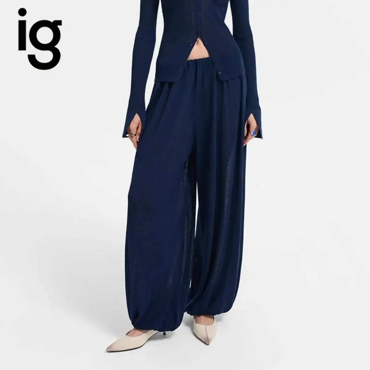 IG 2026 Women's Elastic High Waist Harem Pants, Sheer Lightweight Loose Wide Leg Cuffed Ankle Hem Relaxed Baggy Full Trousers
