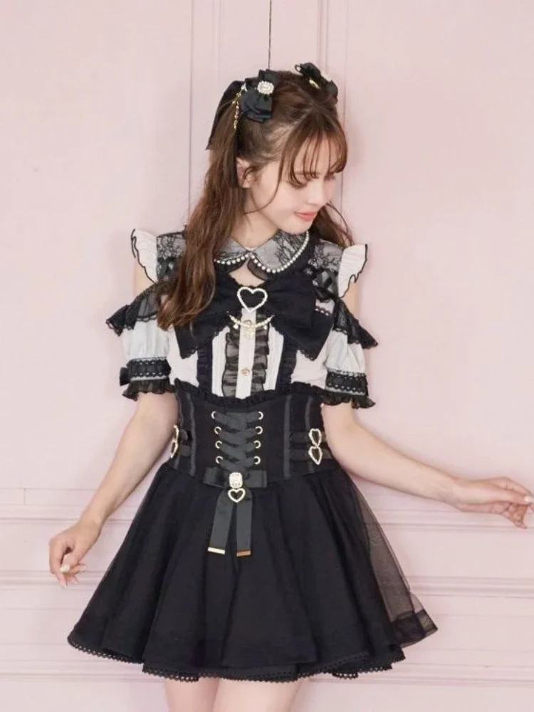 

Японские кружевные лоскутные блузки Kawaii Lolita, летние женские рубашки в стиле Харадзюку с открытыми плечами и рукавами, девчачьи Jk, милые топы с бантом, Blusas