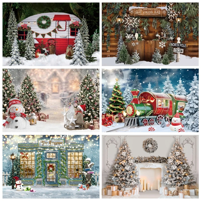 

Train Pine Trees Snow Winter Christmas Photography Backdrop Family Baby Portrait Background Photocall for Photo Studio Props