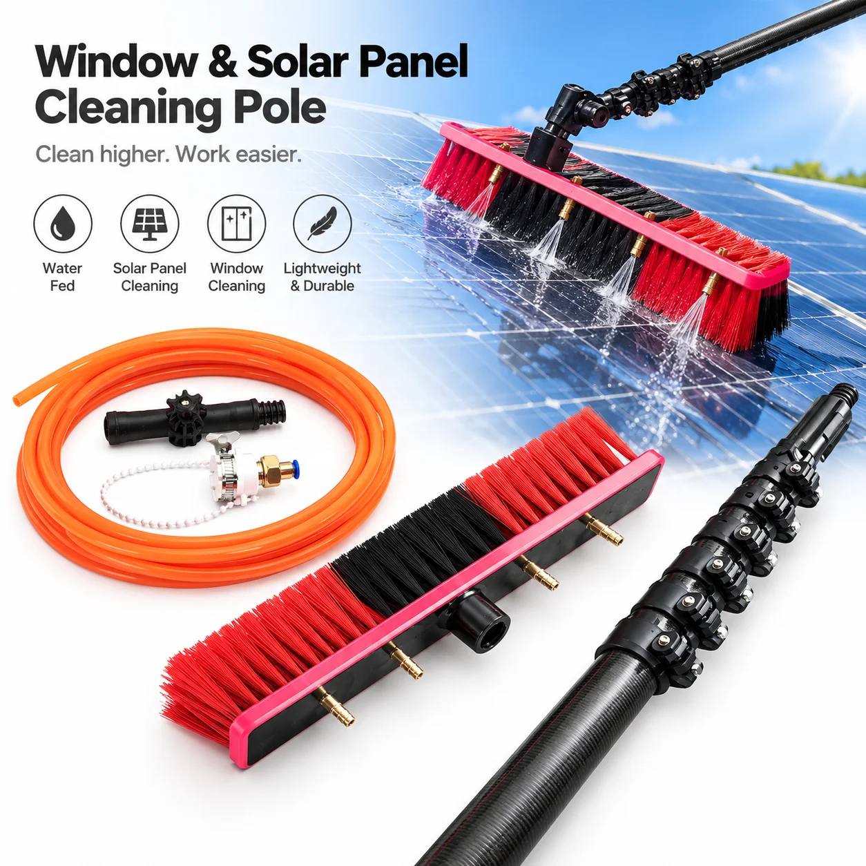 March Custom Mold 60  Feet Multi-Functional Solar Panel Window Cleaning Kit with Brush Adapter and Extendable Water Fed Pole