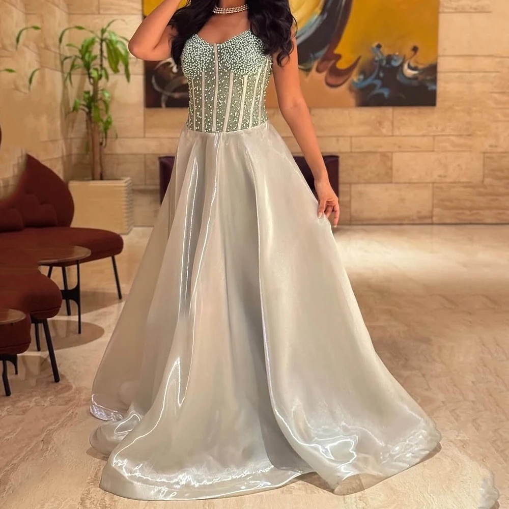 

Customized A-line Evening Dresses Floor-length Strapless Sleeveless Prom Gown Fashion Beading Simple Draped Backless Party Gown