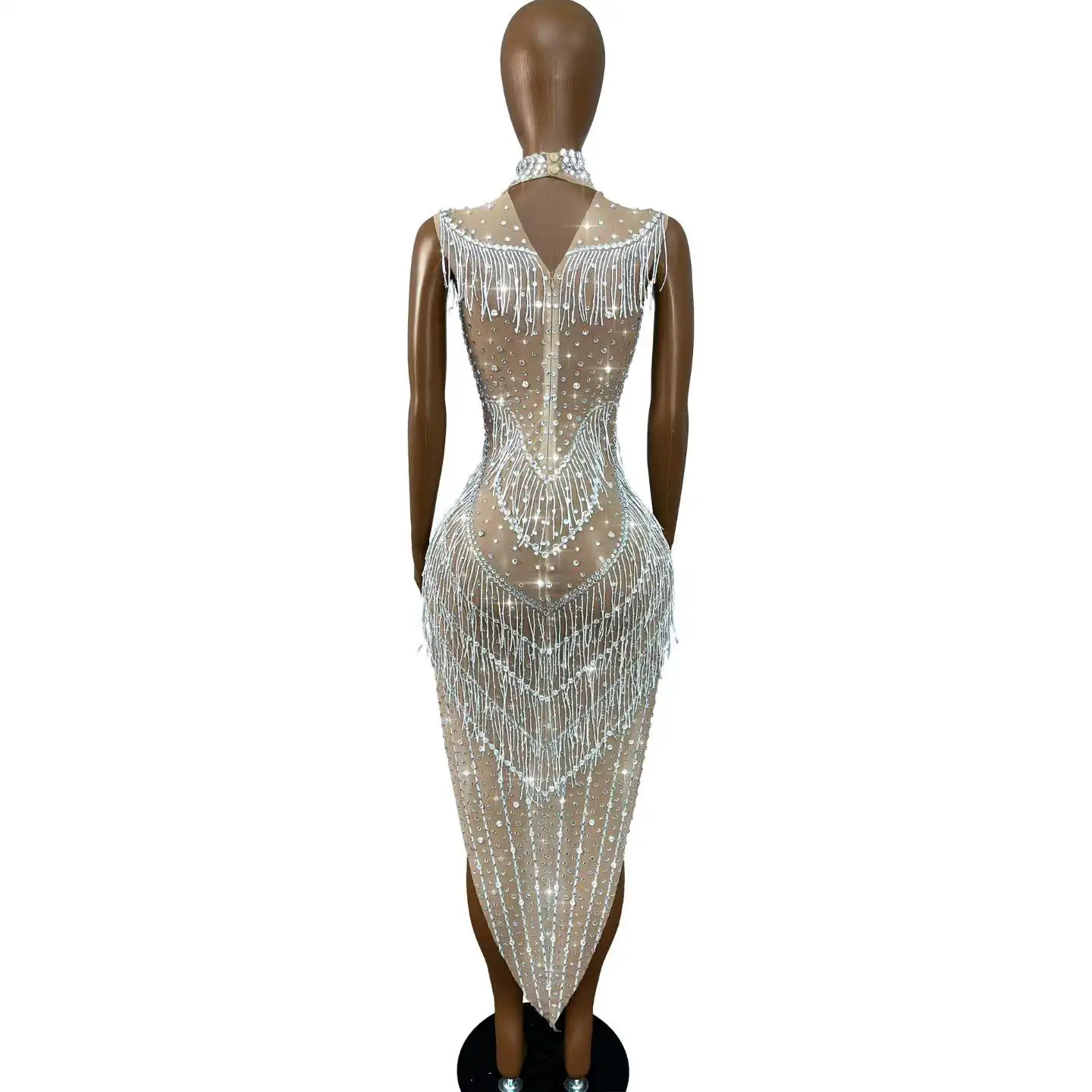 Sexy Elegant Designed Twinkling Rhinestones Tassels High Split Dress Party Evening Exquisite Gown Red carpet Show Stage Wear view 2