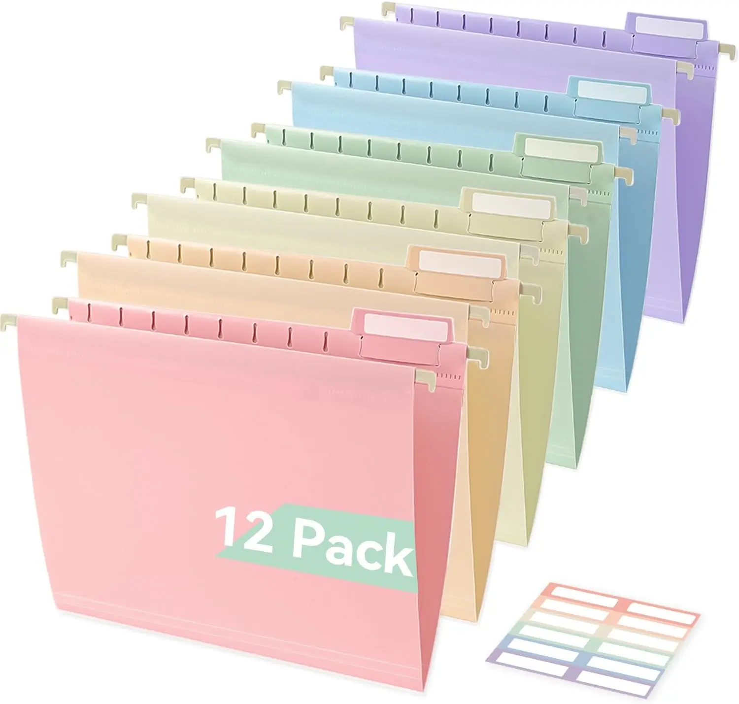 

Durable Plastic Hanging File Folders, Letter Size with Insertable Tabs, 12 Pack in Pastel Colors