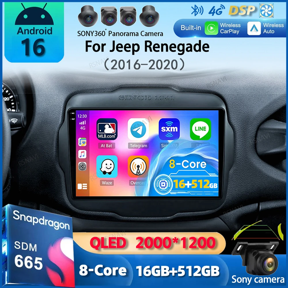 Rádio Automotivo Android 16 Carplay para Jeep Renegade 2016 2017 2018 2019 2020 Navegação GPS Reprodutor Multimídia estéreo WiF+4G Câmera 360