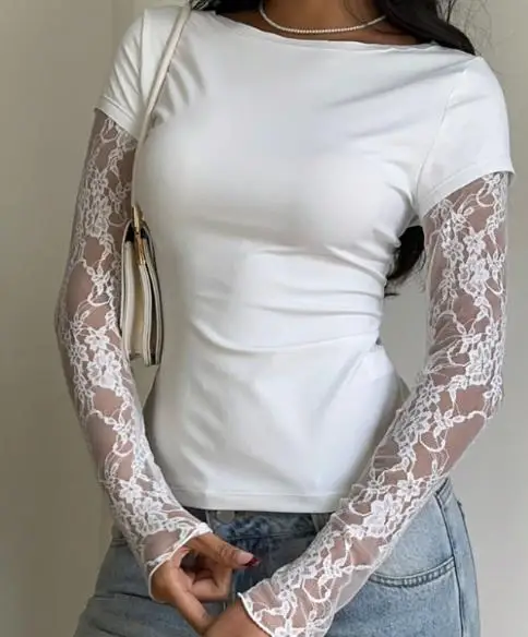 

Spring/summer Women's Top 2026 New Lace Splicing Long Sleeve T-Shirt Sexy Slimming Top Street Fashion Top