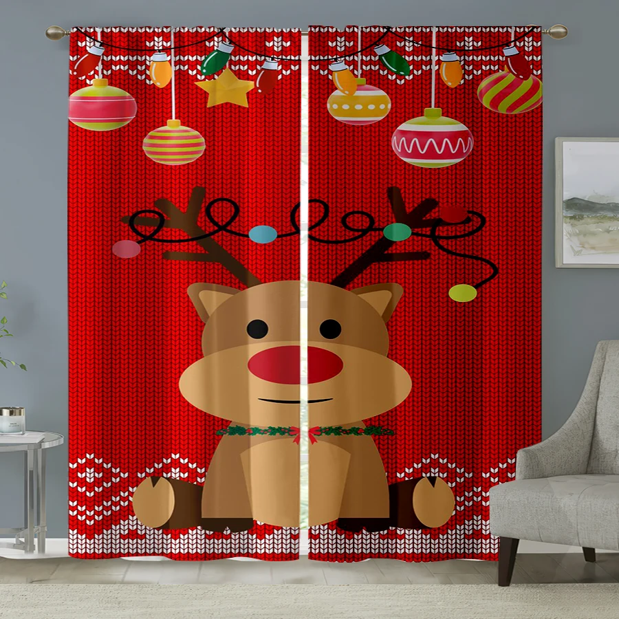 2PCS Christmas Winter Curtains, Knitted Red Nose Reindeer Ornament, Digital Print, Bedroom Living Room, Home Decor Window Drapes