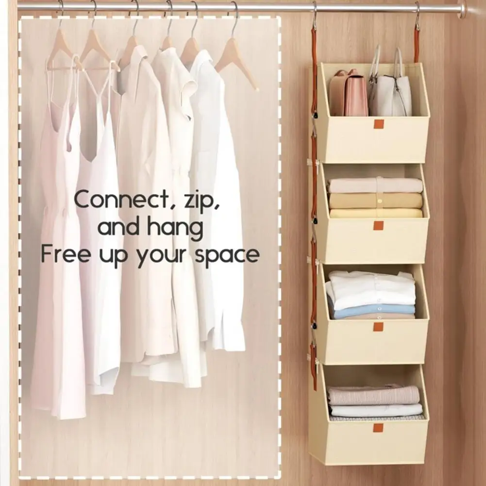 

Collapsible Hanging Closet Organizer Adjustable 4 Tier Closet Shelves Foldable Fabric Storage Bins for Clothes Towels Bedroom RV