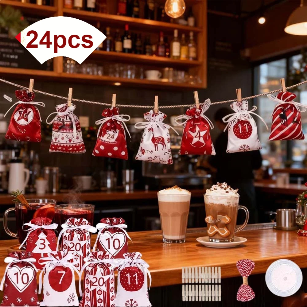 

Drawstring Christmas Advent Calendar Gift Bags 24pcs Set Reusable Hanging Bag for Holiday Countdown Halloween Candy Storage Noël